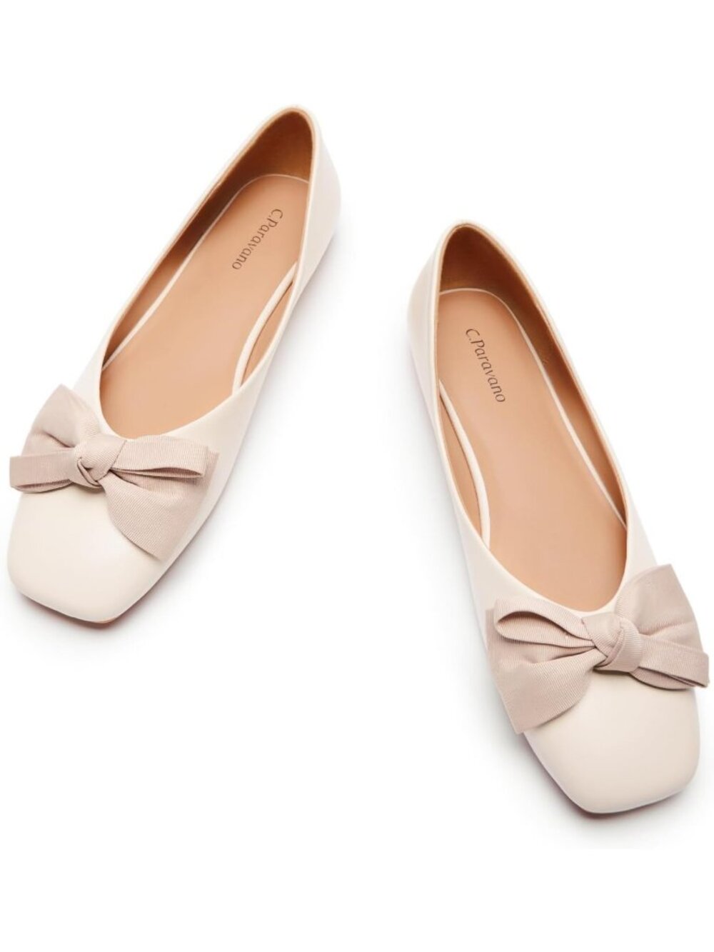 Women's White Soft Leather Square Toe Bow Ballet Flats Slip On Comfortable Shoes